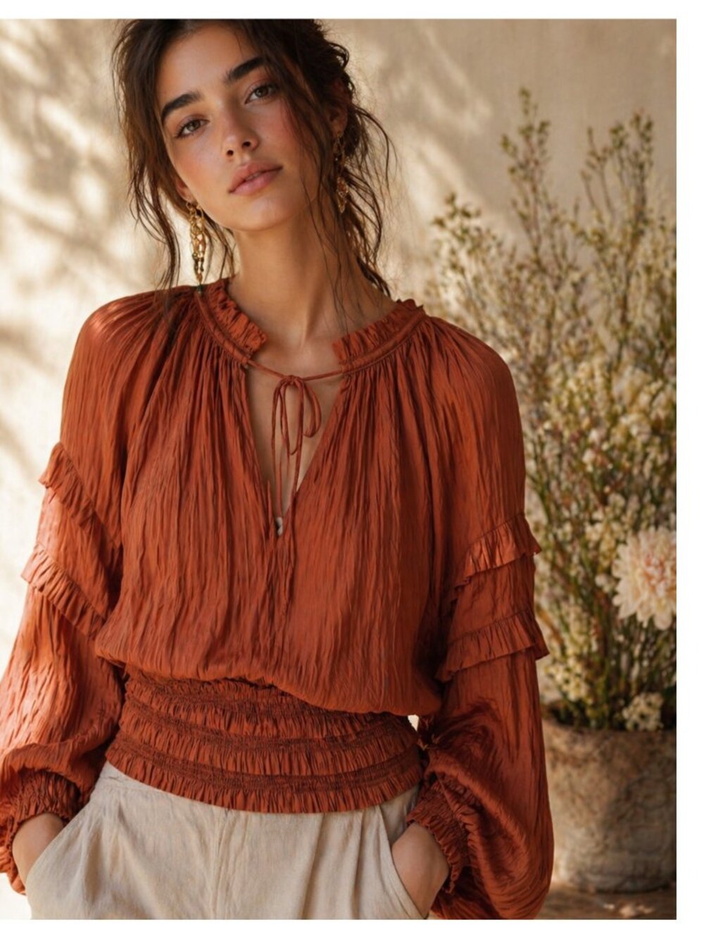 Ulla Johnson Orange Clay Plissé Crinkle Satin Smocked Ruffle Waist Blouse M